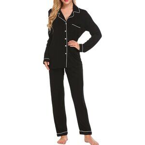Women Black Long Sleeve Sleepwear Soft Button Down Loungewear Pjs Lounge Set